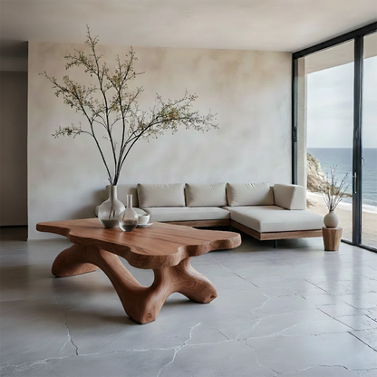 Brown style coffee table with sculptural curved base and seamless top in a soft neutral home interior