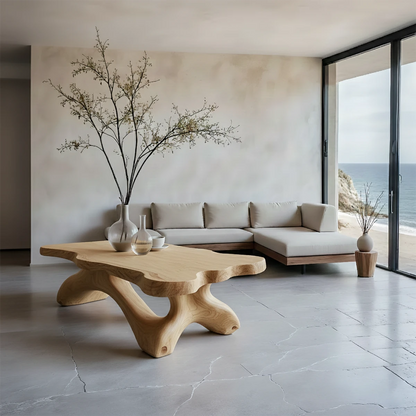 Contemporary coffee table in oak style with curved base form in a refined modern interior setting