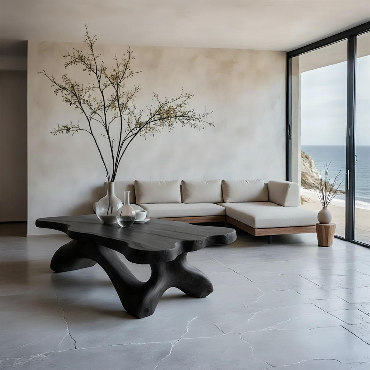 Black style coffee table with organic silhouette and smooth surface in a minimalist styled living room