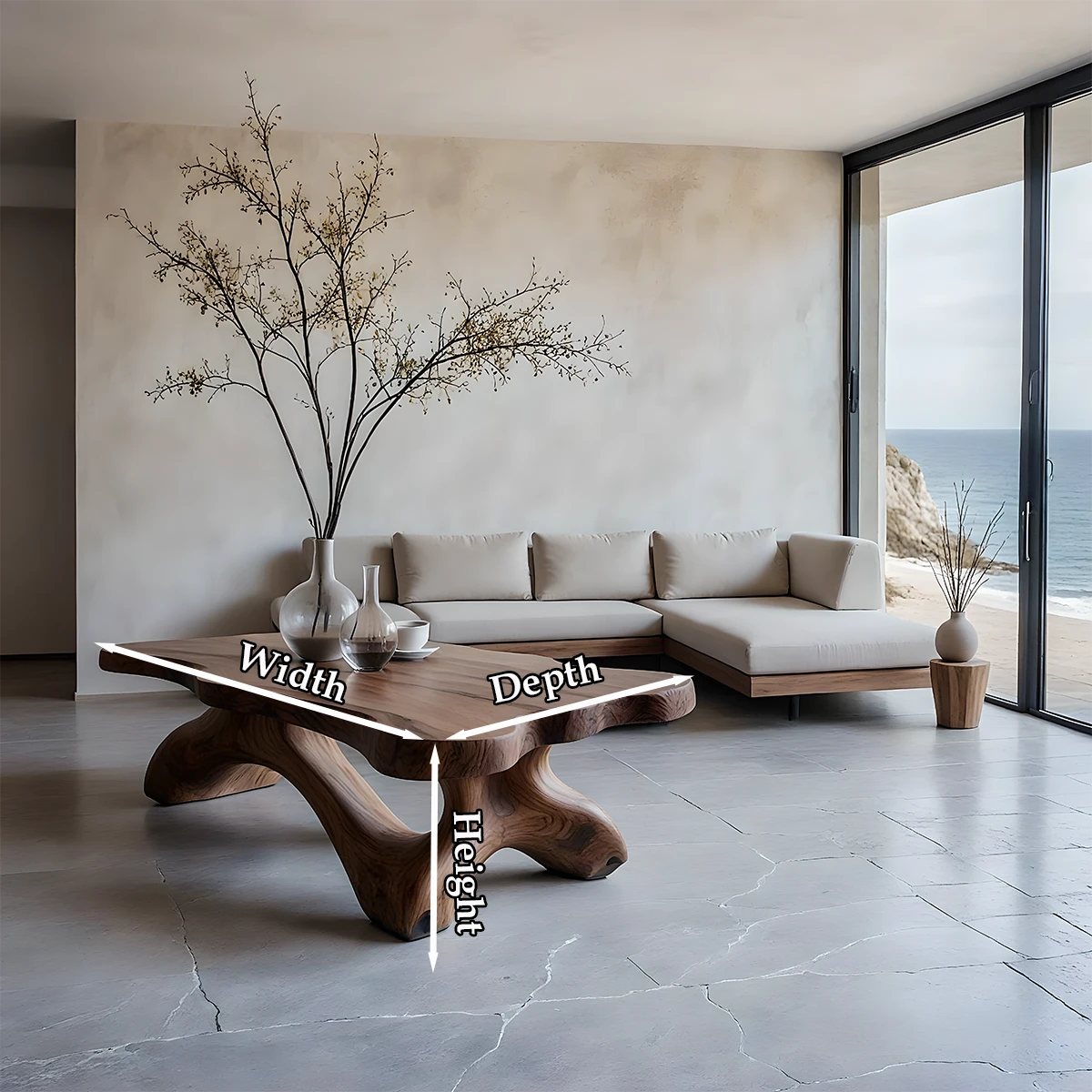 Walnut style coffee table with flowing base shape and rounded top in a clean contemporary environment
