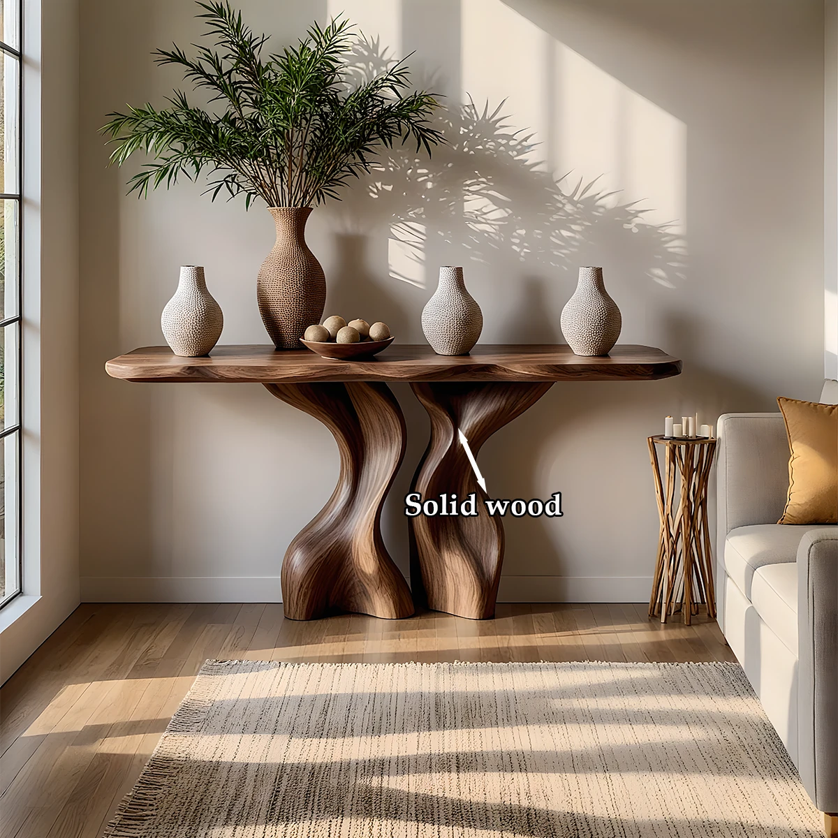 Walnut console table with artistic twisted wood base