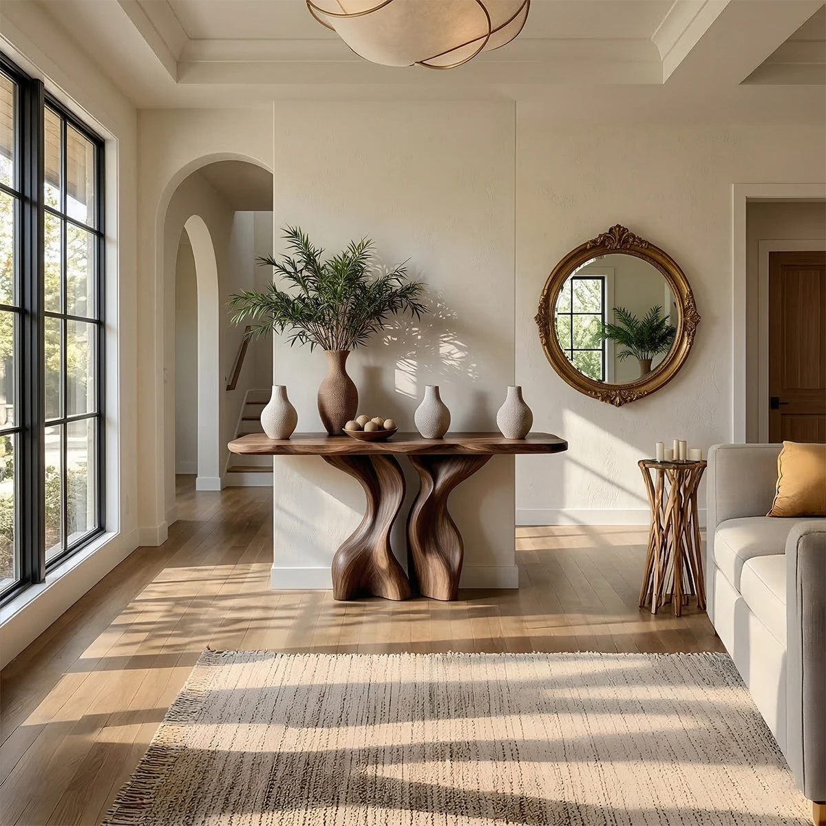 Elegant walnut console table with twisted wood support