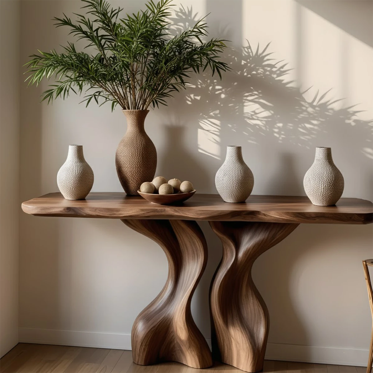 Walnut wooden console table with flowing leg design
