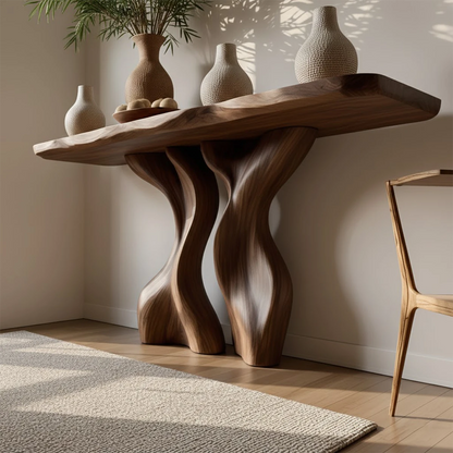 Stylish walnut console table with double sculptural base