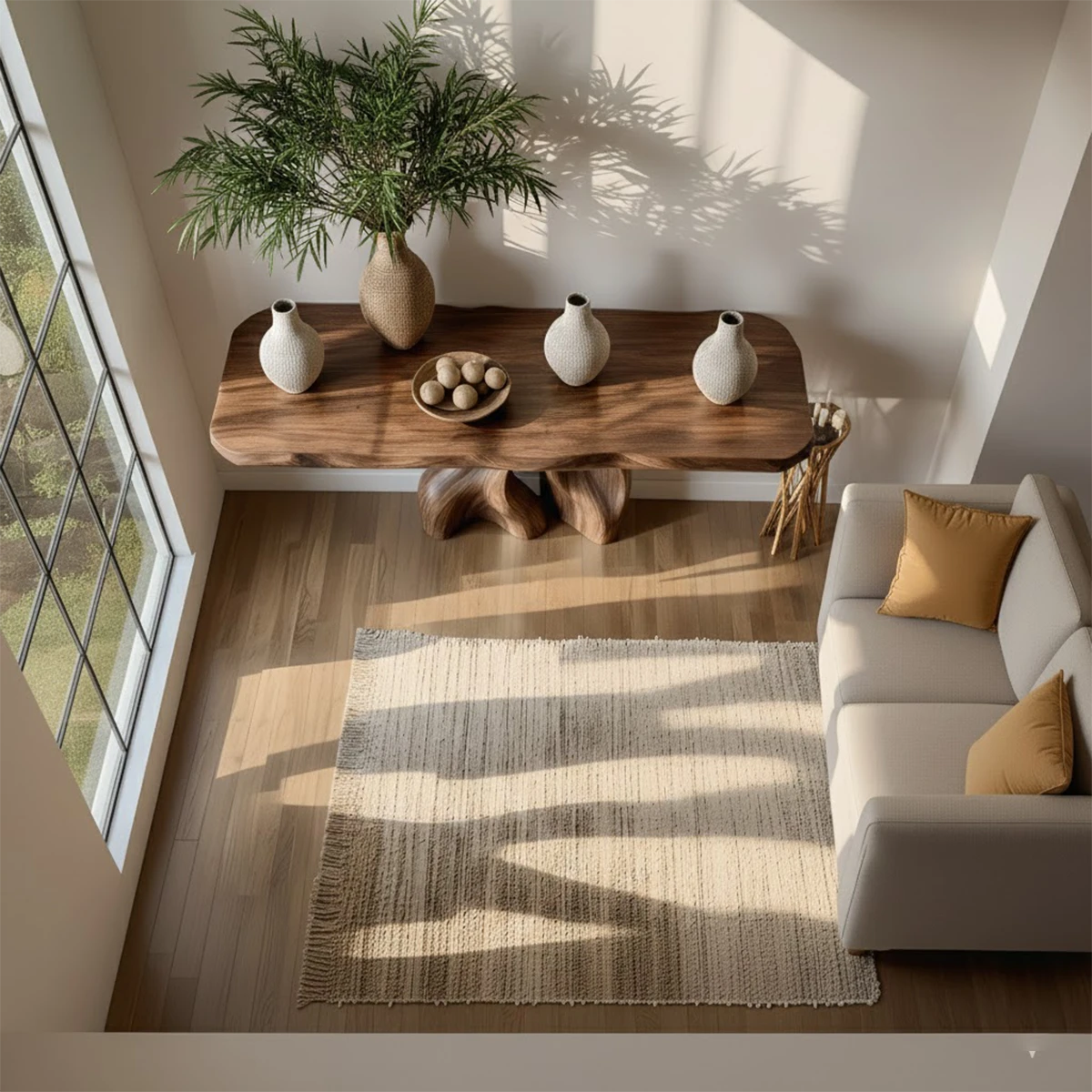 Minimalist walnut wood console table with curved legs