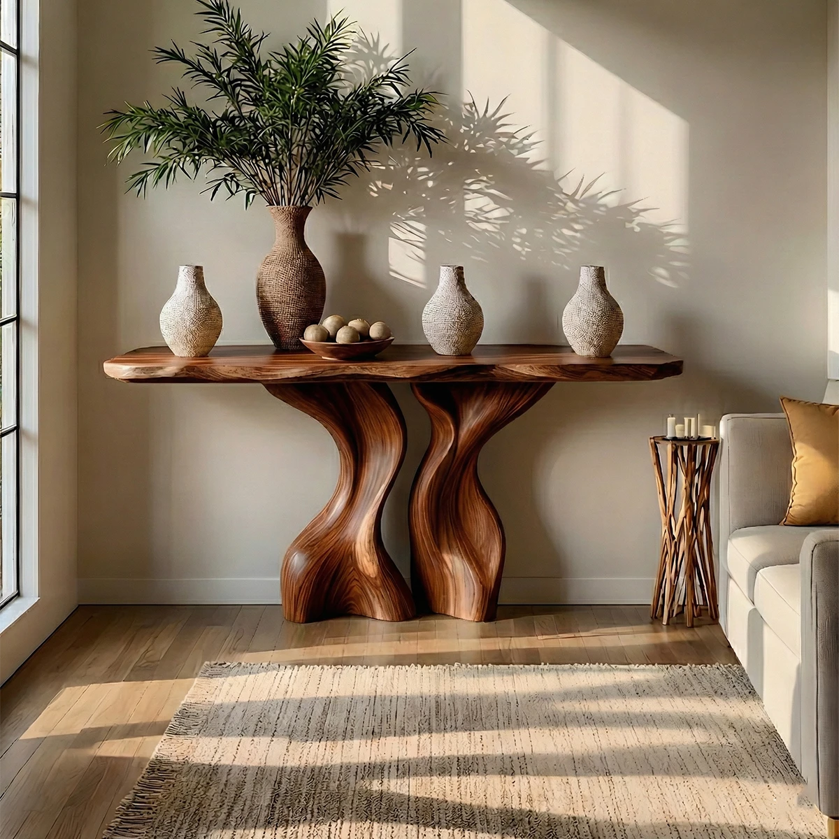 Contemporary walnut wood console table with artistic base