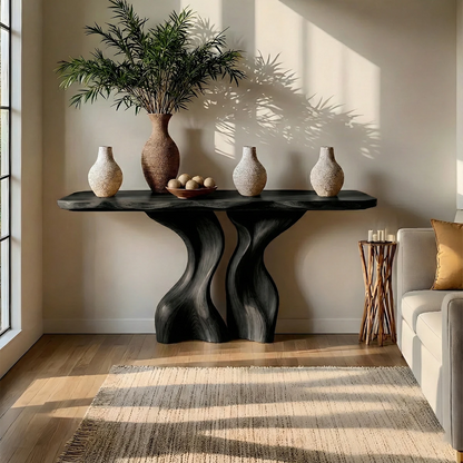 Luxury walnut wood console table with sculpted base