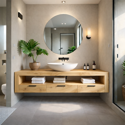 Elegant bathroom vanity area with walnut floating bathroom vanity and decorative plants.