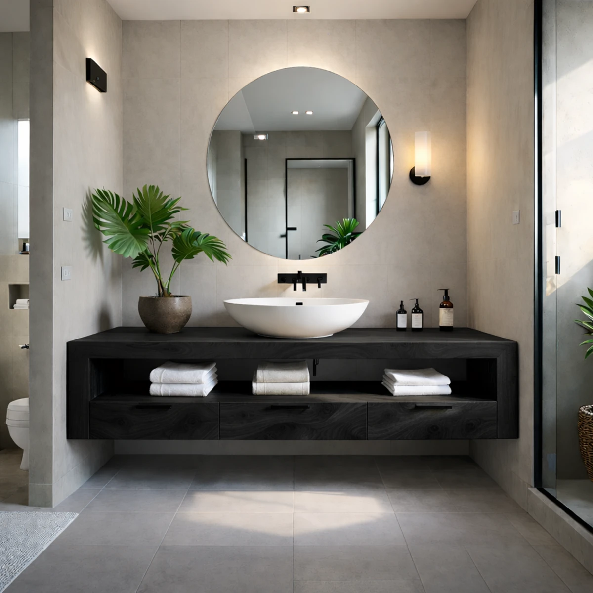 Modern interior bathroom design showcasing a walnut floating bathroom vanity with storage drawers.