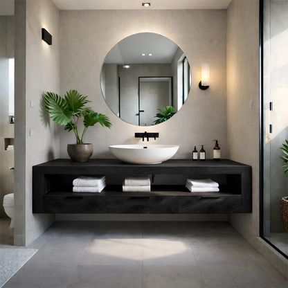 Modern interior bathroom design showcasing a walnut floating bathroom vanity with storage drawers.