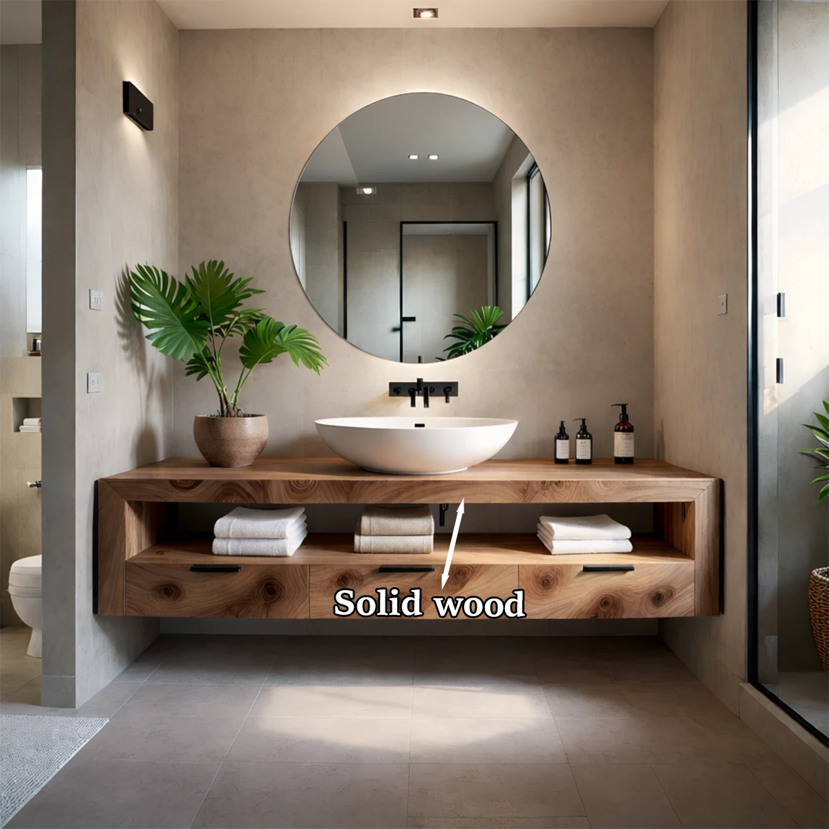 Scandinavian inspired bathroom with walnut floating bathroom vanity and round mirror accent.