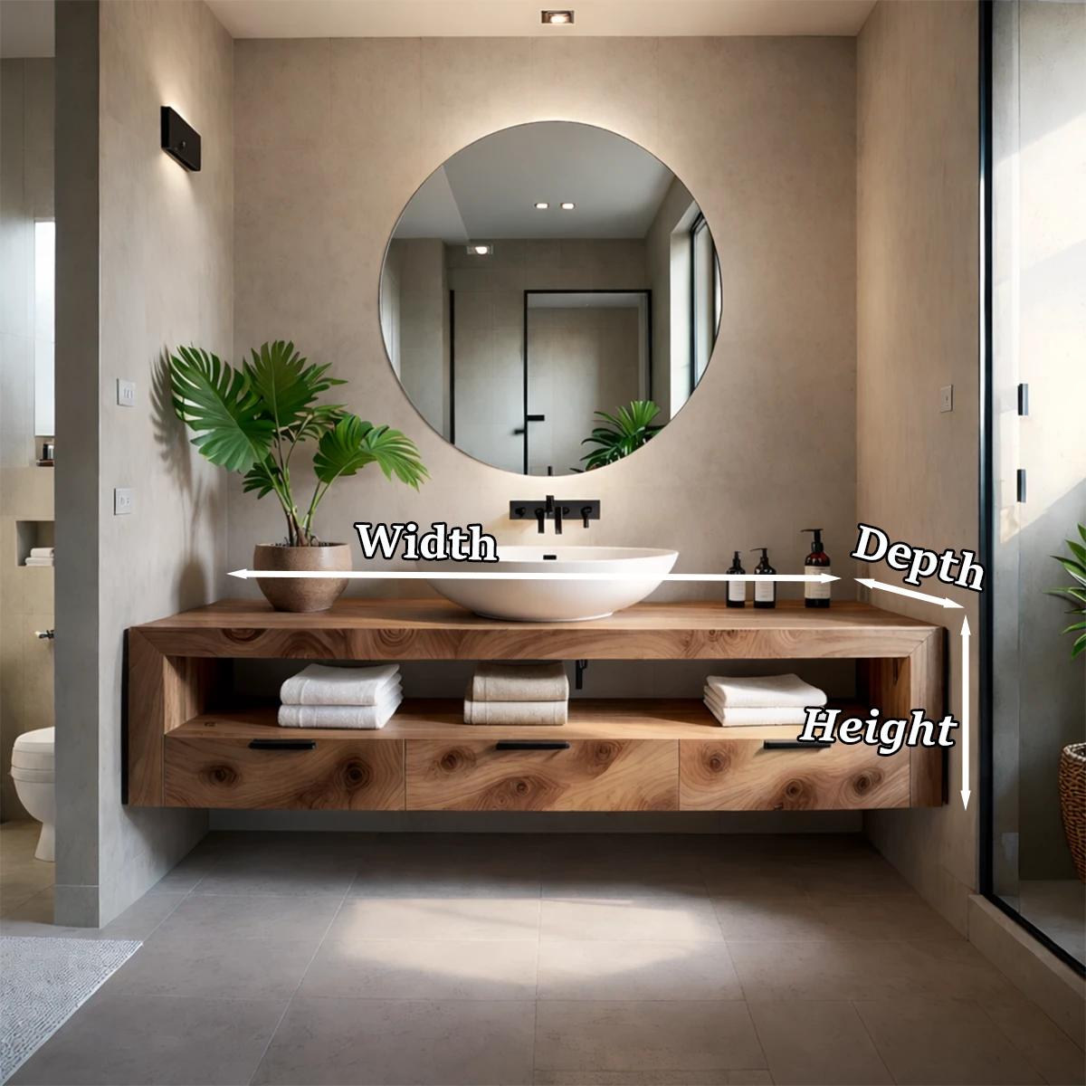 High-end bathroom interior featuring walnut floating bathroom vanity and clean minimalist layout.