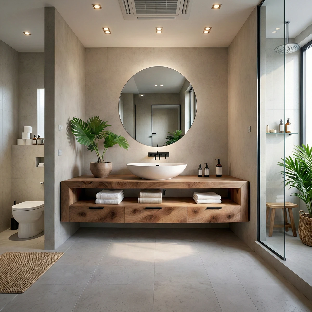 Modern bathroom interior with walnut floating bathroom vanity featuring a round mirror and vessel sink.