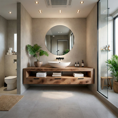 Modern bathroom interior with walnut floating bathroom vanity featuring a round mirror and vessel sink.