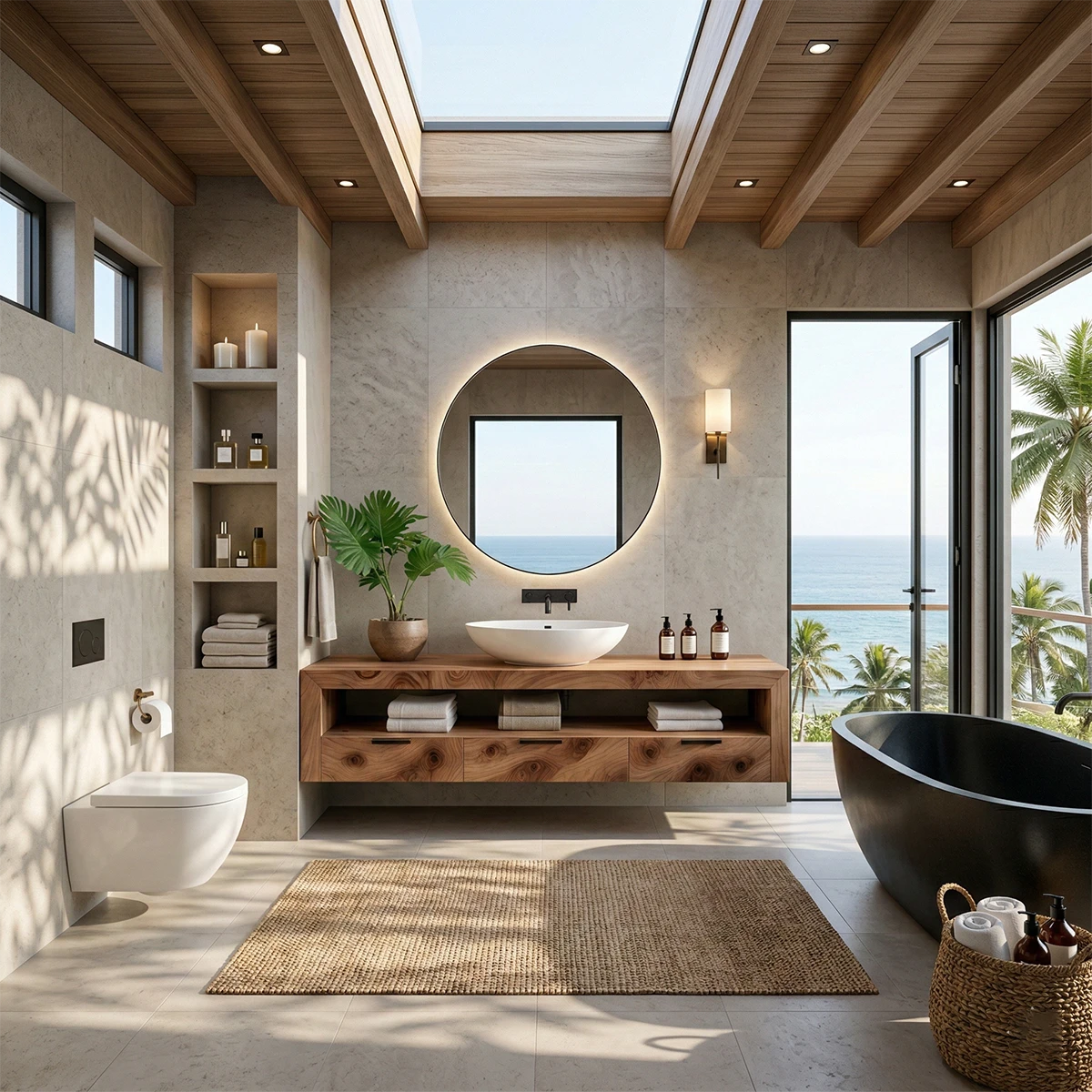 Elegant minimalist bathroom design with walnut floating bathroom vanity and open shelf storage.