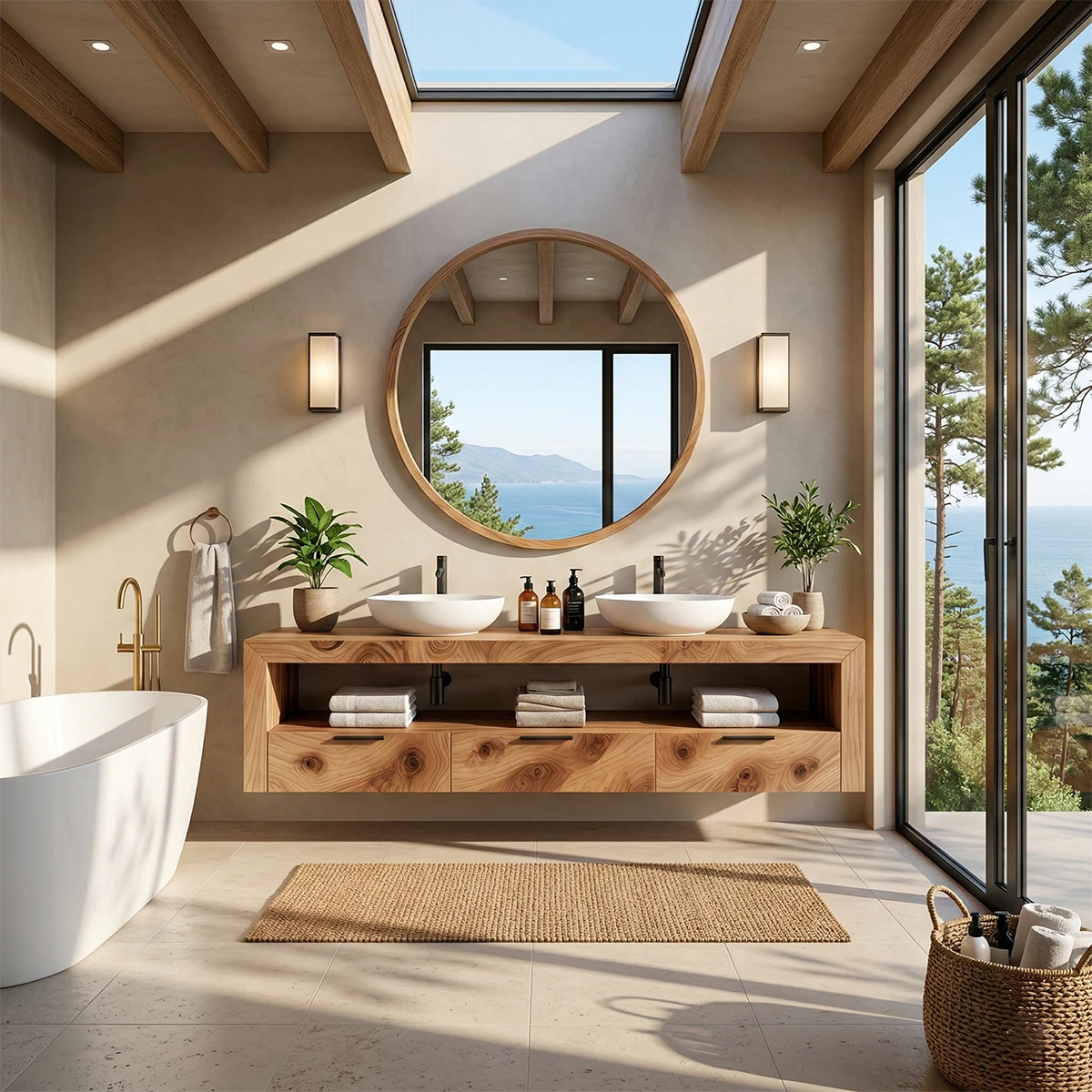 Contemporary bathroom space with walnut floating bathroom vanity, round mirror, and vessel basin.