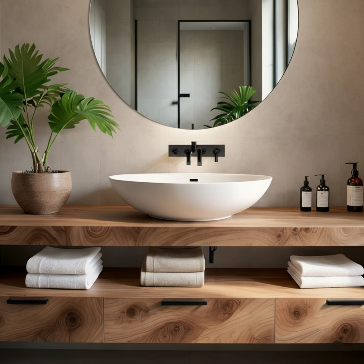 Stylish bathroom interior featuring a walnut floating bathroom vanity with drawers and towel storage.