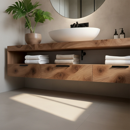 Warm modern bathroom design with walnut floating bathroom vanity and natural wood texture.