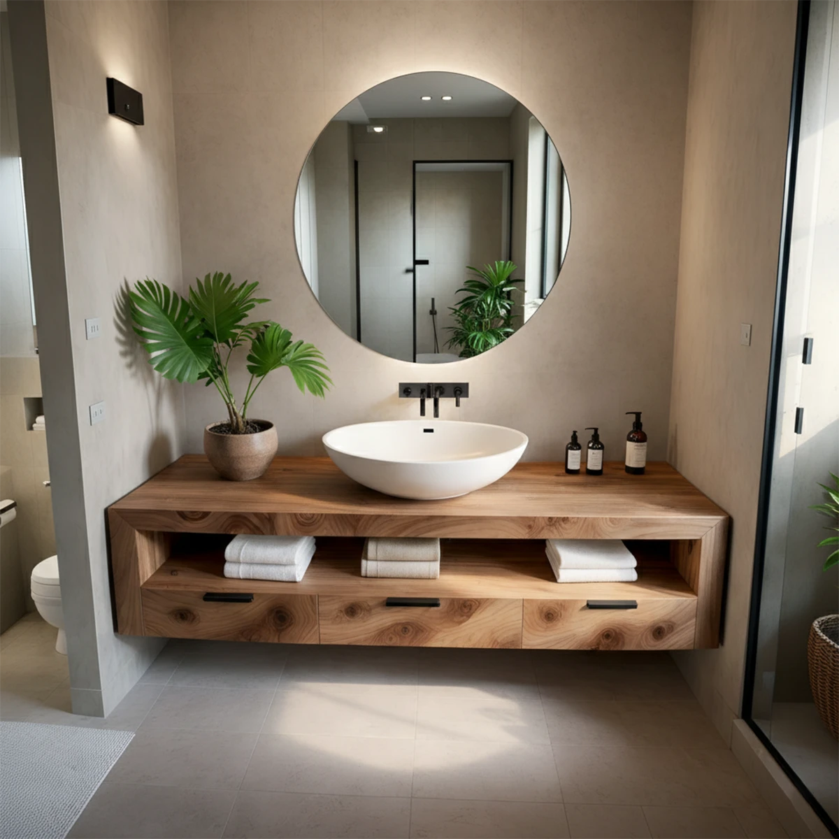 Luxury bathroom setup with walnut floating bathroom vanity and a large round wall mirror.