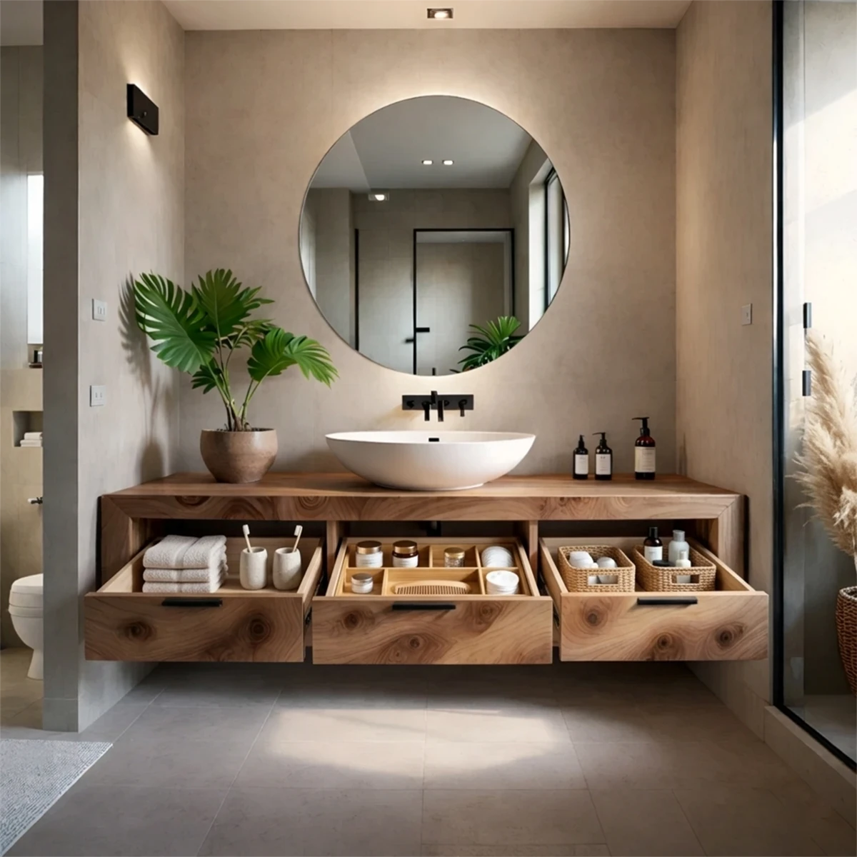 Minimalist bathroom featuring walnut floating bathroom vanity with open shelving and vessel sink.