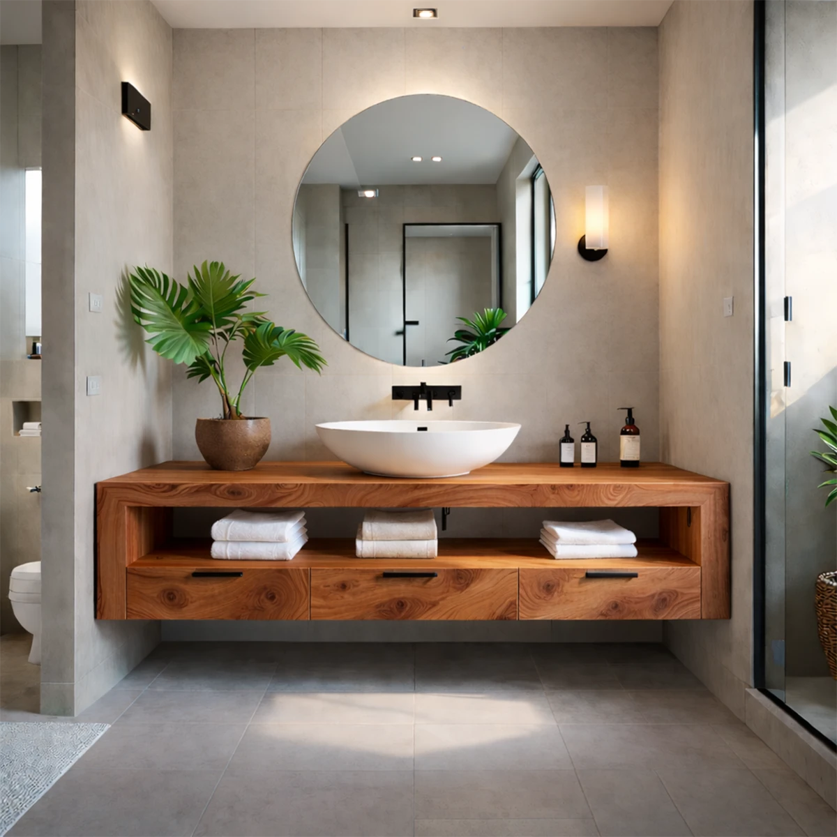 Contemporary spa-style bathroom with walnut floating bathroom vanity and modern black faucet.