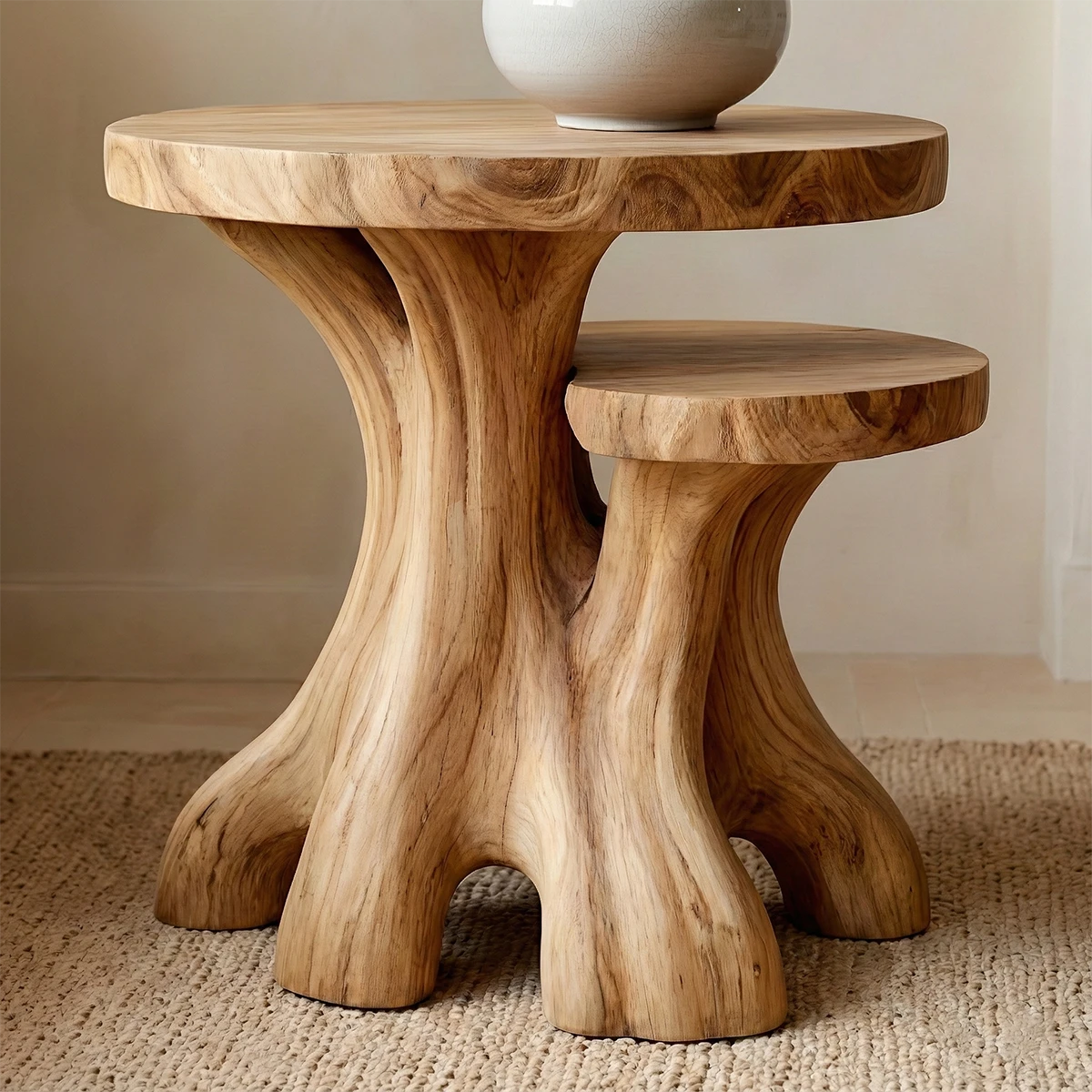 This brown color accent table showcases a rounded silhouette and practical display surface