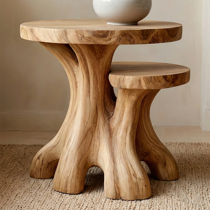 This brown color accent table showcases a rounded silhouette and practical display surface