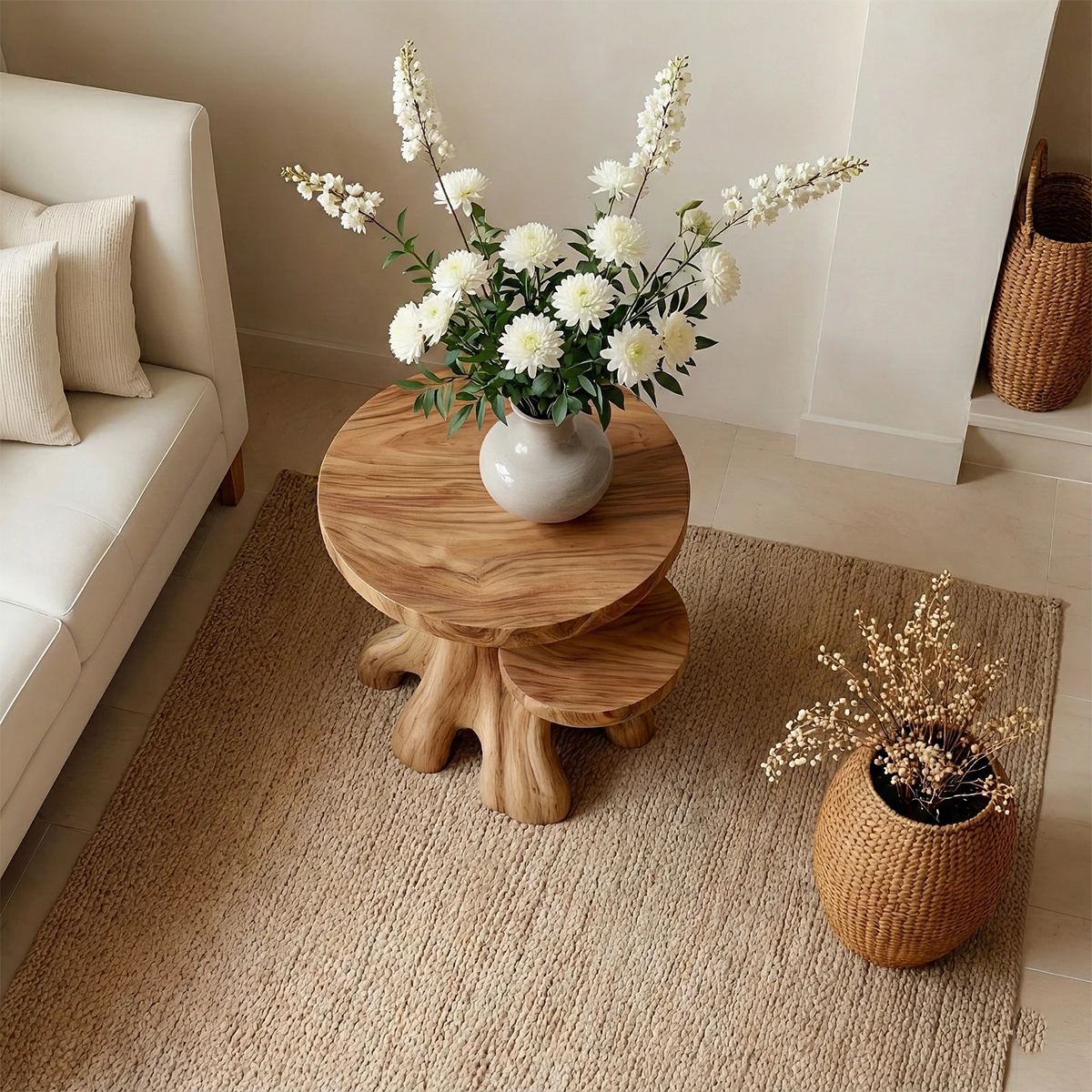 Designed with a warm brown finish, the end table offers soft curves and clean structure
