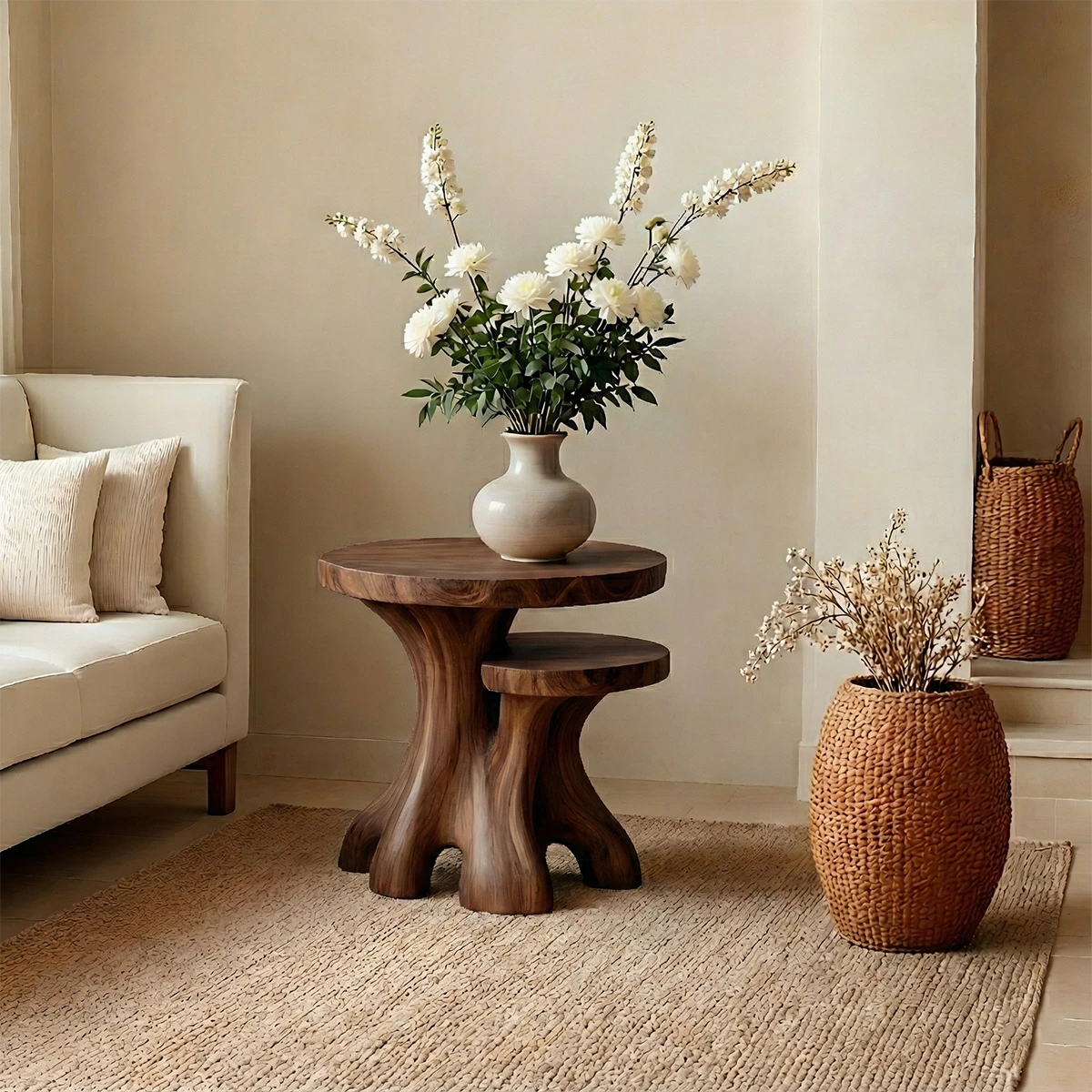 Featuring a walnut tone side table with sculptural base and open shelf for decor display