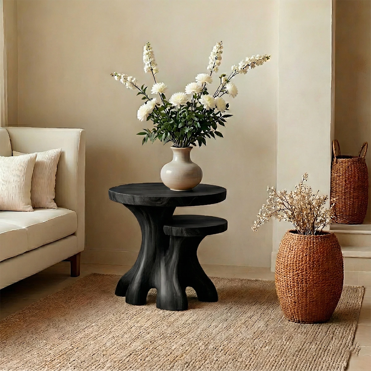 A small end table in warm black finish with curved shape and compact functional layout