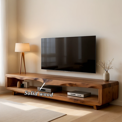TV stand in warm brown finish with smooth edges and subtle grain pattern in a modern home