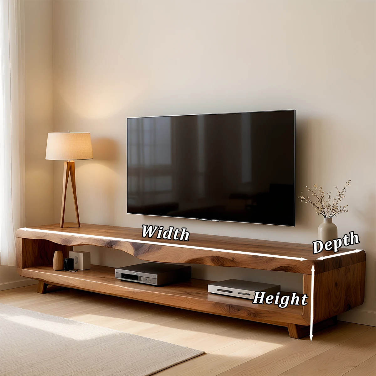 Warm brown TV stand with open shelf storage and clean modern design in a calm interior