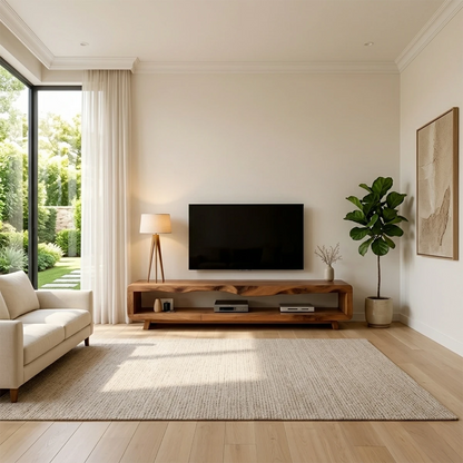 Modern TV stand in warm brown finish with smooth surface and low profile in a bright interior
