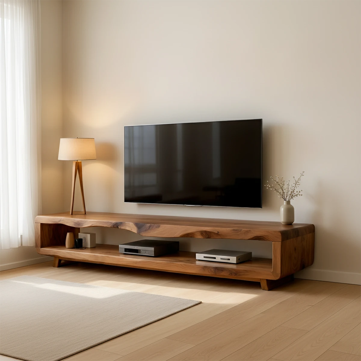 Warm brown TV stand with subtle grain texture and open storage in a minimalist living space