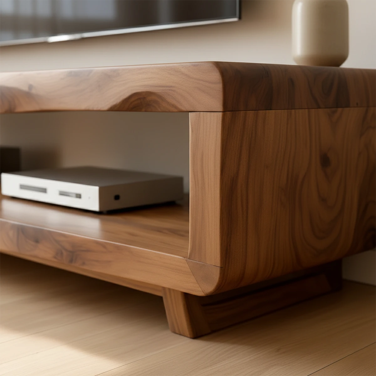 Contemporary TV stand in warm brown finish with clean lines and functional shelf design