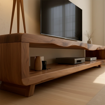Warm brown TV stand with seamless top and open compartments in a modern interior setting