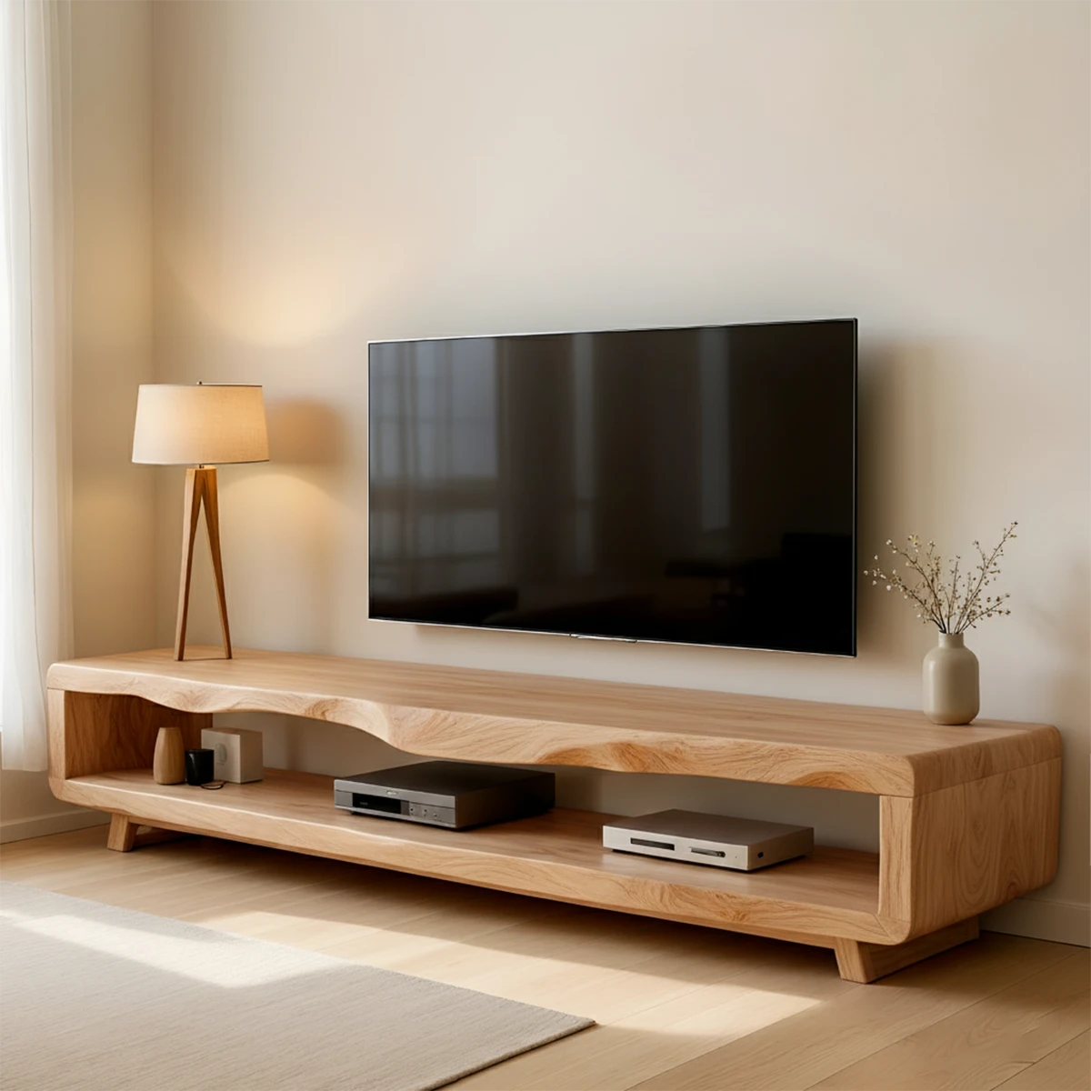 Modern TV stand with warm oak tone and organic texture in a cozy interior space