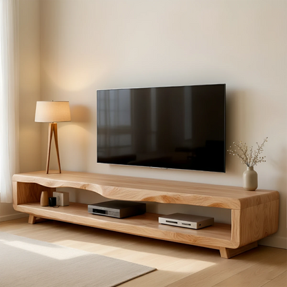Modern TV stand with warm oak tone and organic texture in a cozy interior space