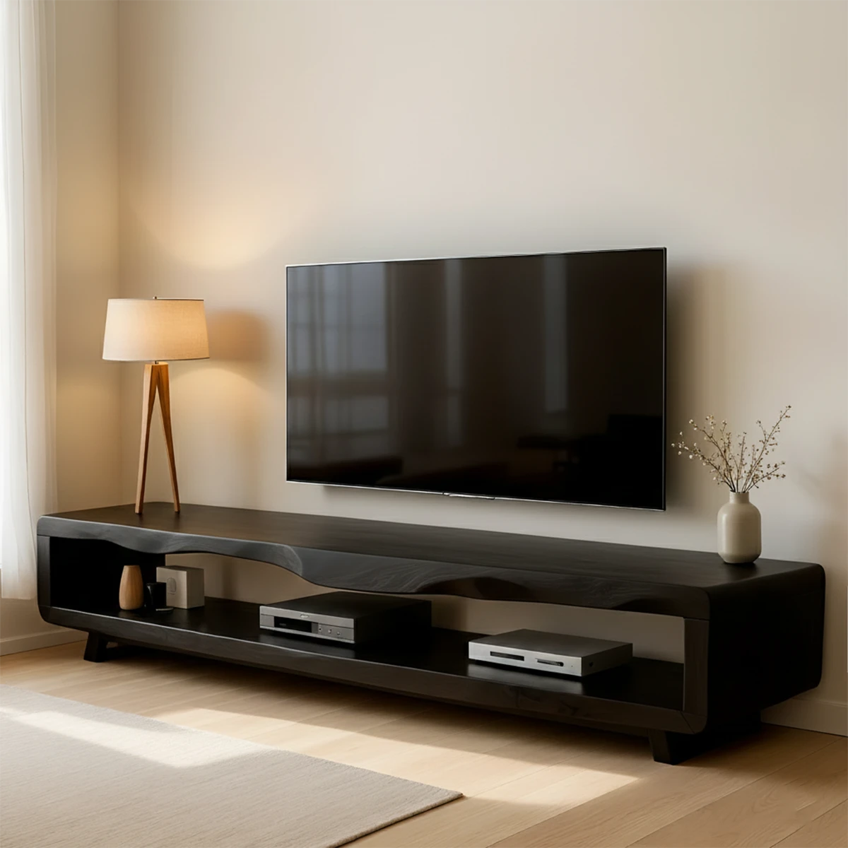 Warm black TV stand with low profile structure and practical storage in a bright modern room