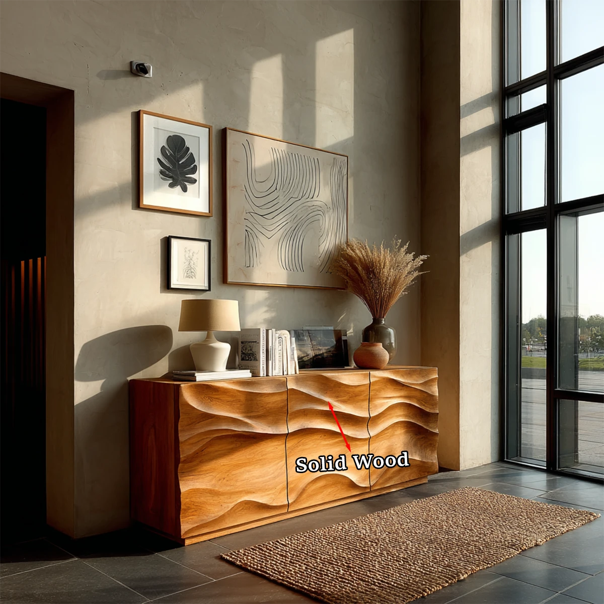 Contemporary buffet storage cabinet with textured wave detailing and sleek organization