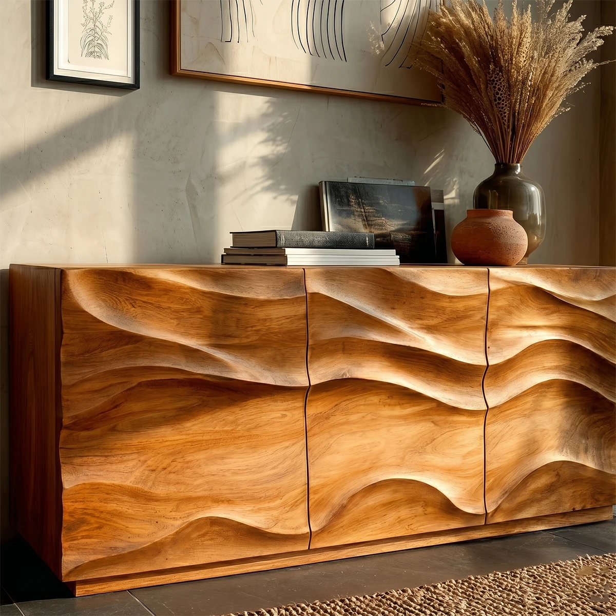Minimalist storage sideboard with dimensional cabinet fronts and clean modern silhouette