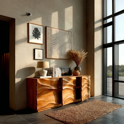 Sculptural credenza cabinet with handcrafted wave panels and sophisticated interior styling