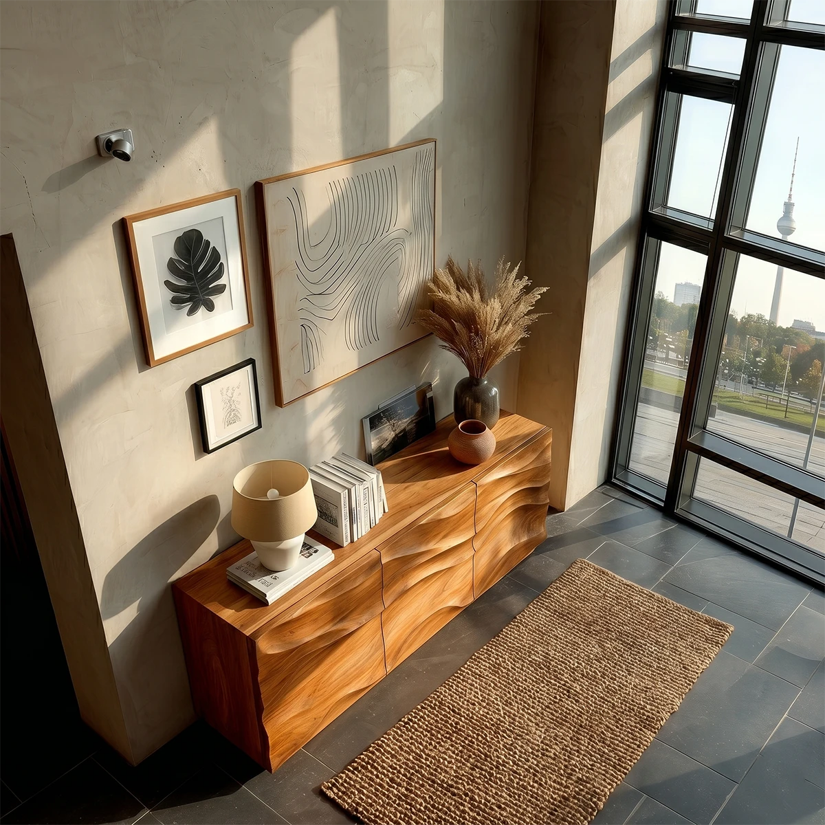 Elegant buffet sideboard with carved texture detailing and spacious hidden storage space