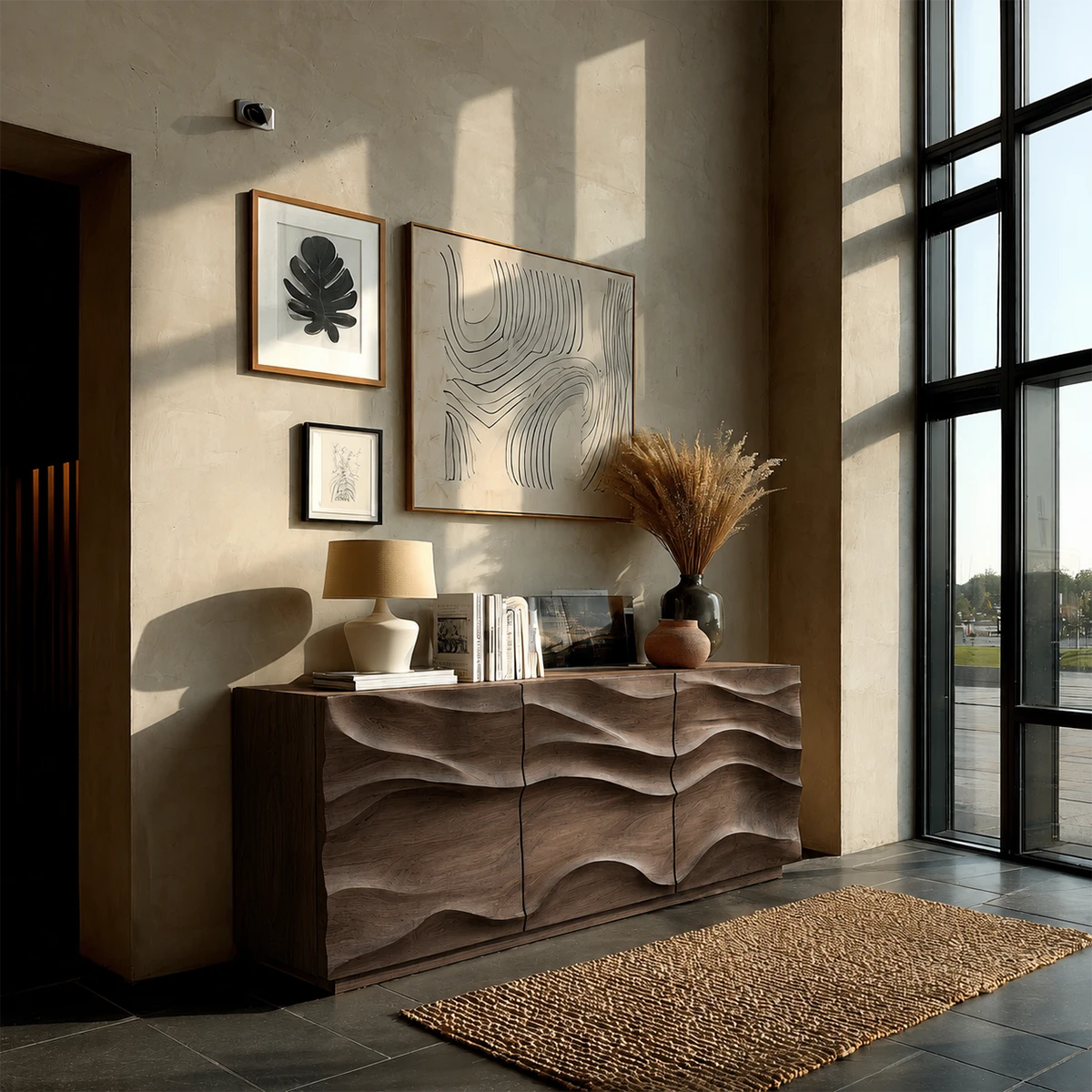 Modern storage cabinet featuring layered wave surfaces and balanced architectural proportions