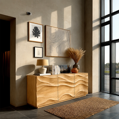 Statement sideboard console with artistic carved doors and contemporary storage functionality
