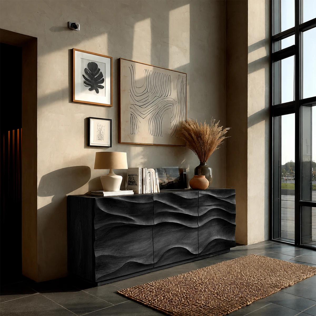 Refined credenza sideboard with flowing sculpted fronts and minimalist modern appeal
