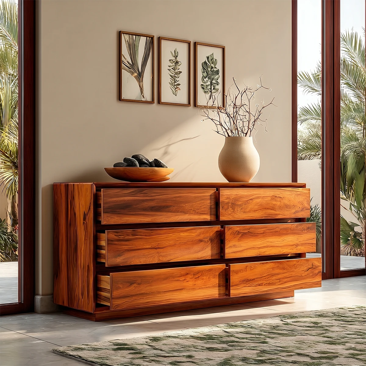 Sleek credenza cabinet with seamless drawer storage and balanced modern proportions