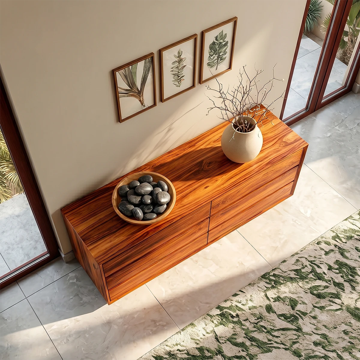 Elegant sideboard console with wide drawer compartments and minimalist interior styling