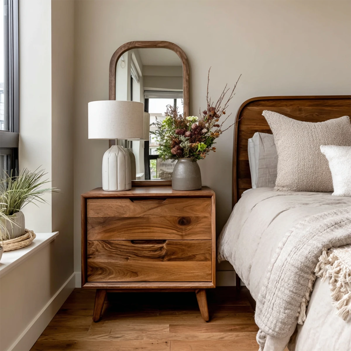 Natural grain nightstand featuring two spacious drawers and smooth walnut tone finish bedside style