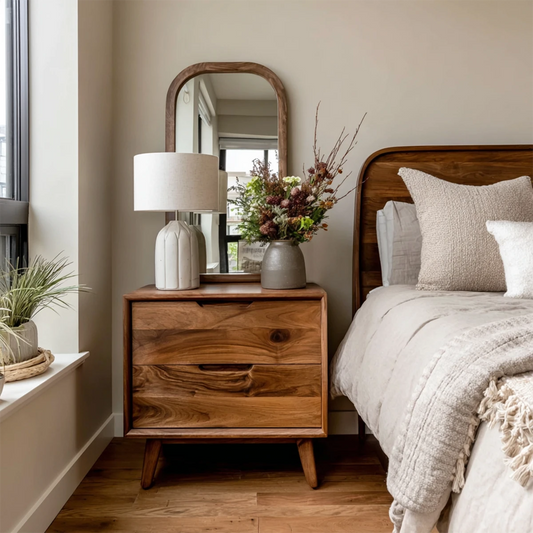 Natural grain nightstand featuring two spacious drawers and smooth walnut tone finish bedside style